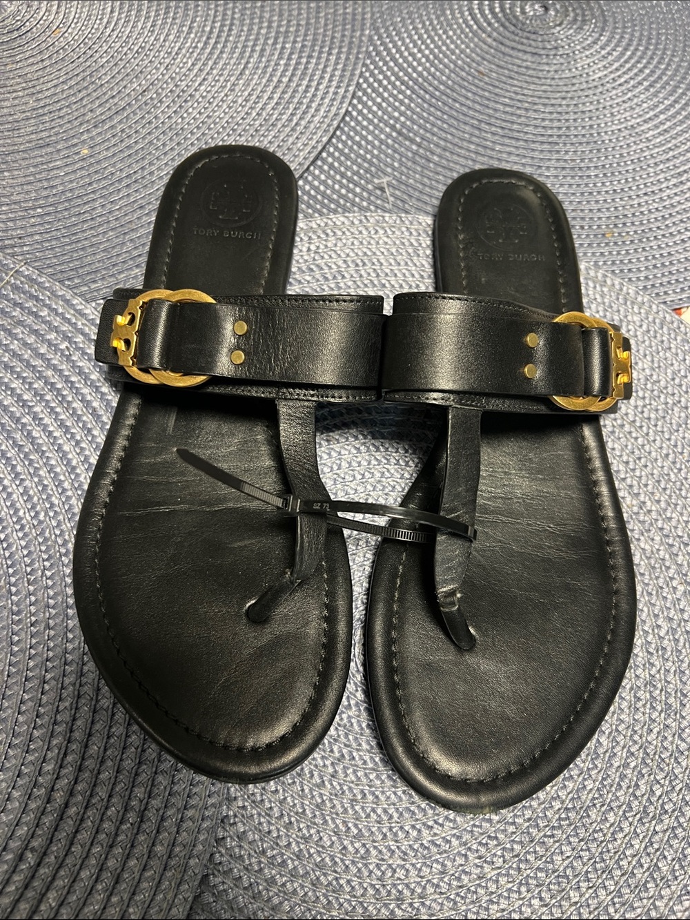 Tory Burch Black Leather Toe-Post Sandals with Gold Buckle Detail